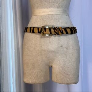 AnnaBella Sz L Dyed Calf Hair Tiger Stripes Print Leather Belt W/Brass Buckle 1"
